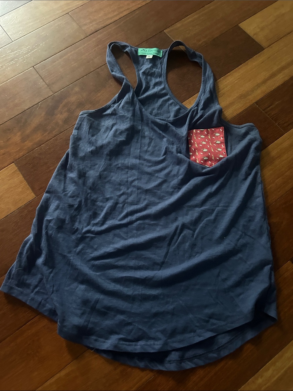 Navy Racerback Tank with Red Patterned Chest Pocket
